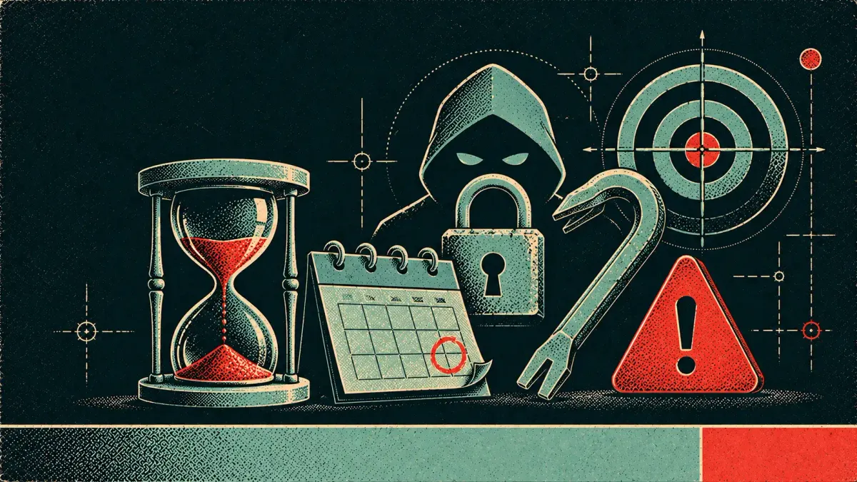 Editorial science-poster illustration of zero-day symbols — an hourglass, a calendar, a hidden padlock, a crowbar, and a target.