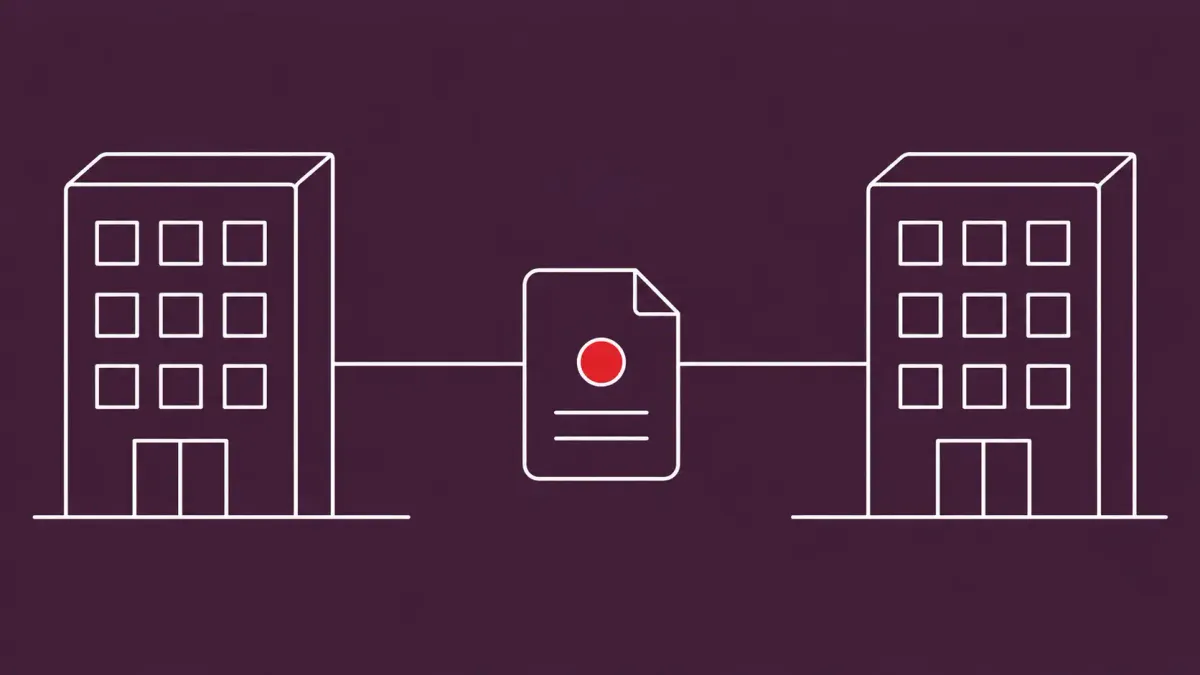 Flat white line-art of two corporate buildings linked by a line with one document between them, on an aubergine background — reporting on Amazon, Jassy and Anthropic model concerns.
