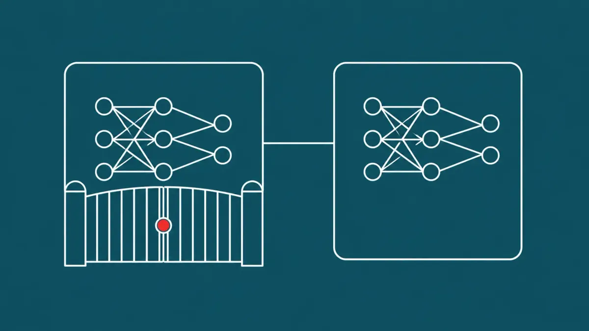 Flat white line-art of an AI model core with a power switch in the off position behind a closed border gate, on an aubergine background — Fable 5 and Mythos 5 shutdown.