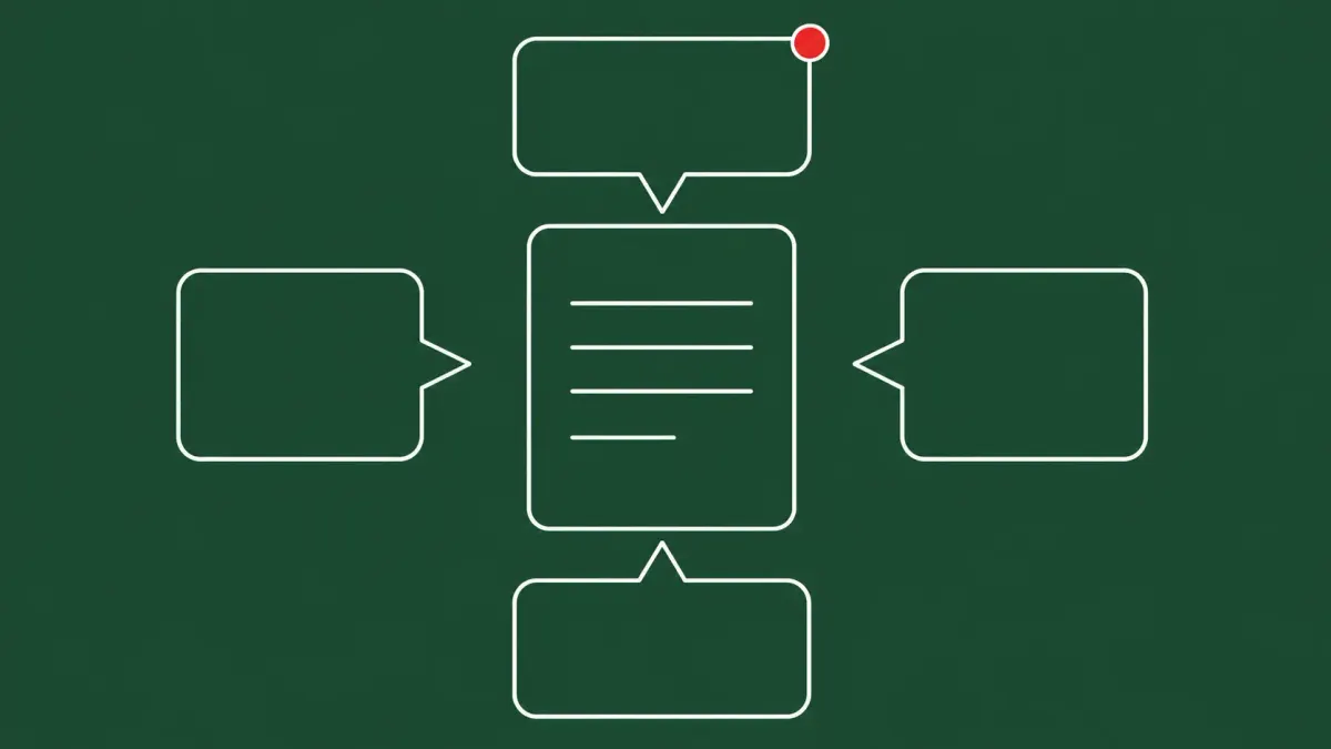 Flat white line-art of several speech-bubble outlines arranged around a central document, on a Forest Green background — cybersecurity responses to the US action on Anthropic's models.