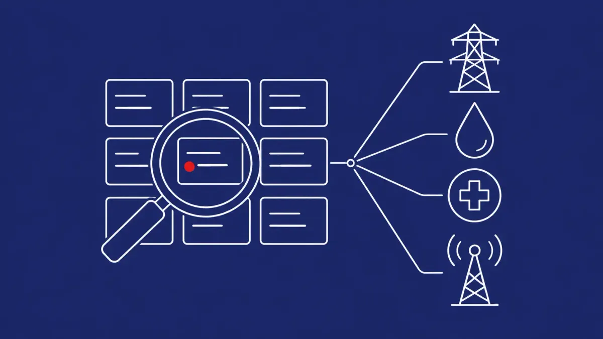 Line-art of a magnifying lens over a grid of code blocks fanning out to power, water and hospital icons; one inspected block carries a flat red dot.