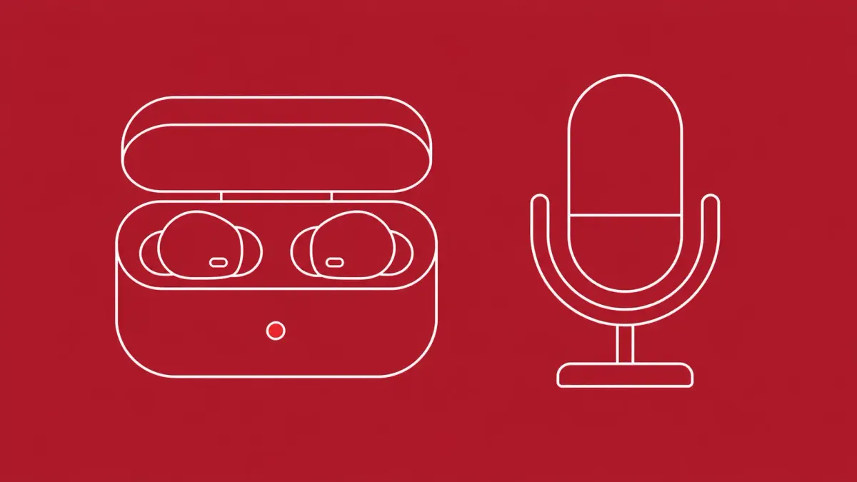 Flat white line-art of a pair of wireless earbuds resting in an open charging case beside a small standing microphone, on a Crimson background — Apple Beats Studio Buds microphone patch.