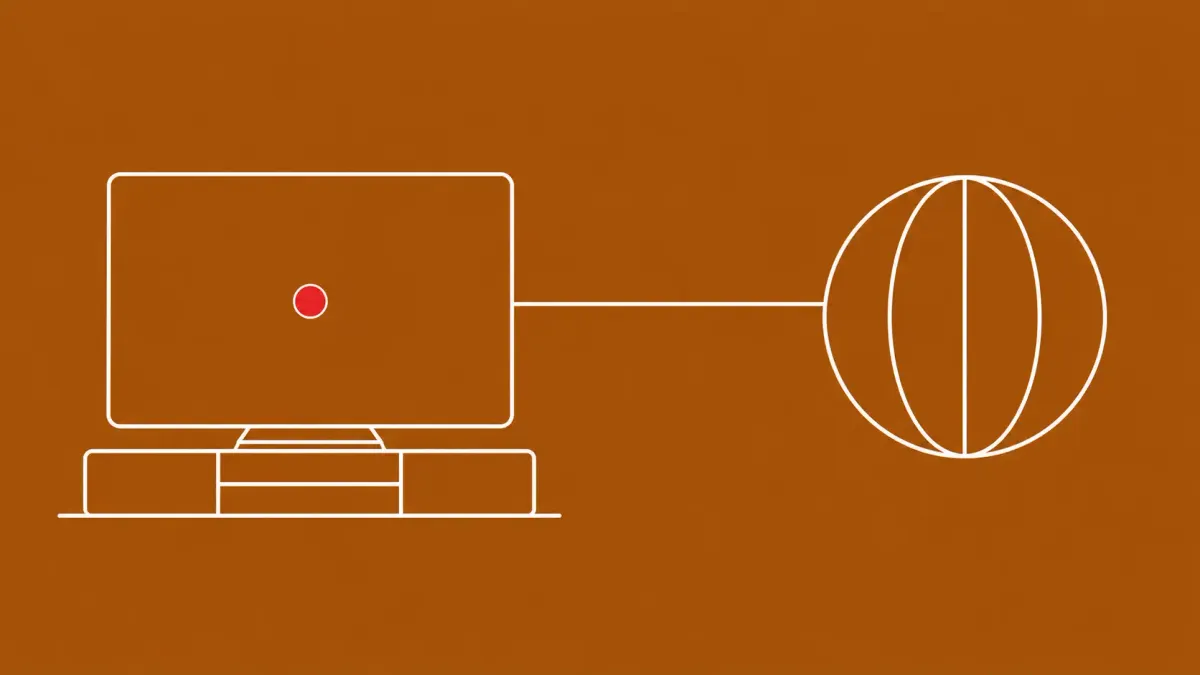 Flat white line-art of a living-room smart TV linked by a line to a globe, on a Burnt Amber background — residential proxy scraping.