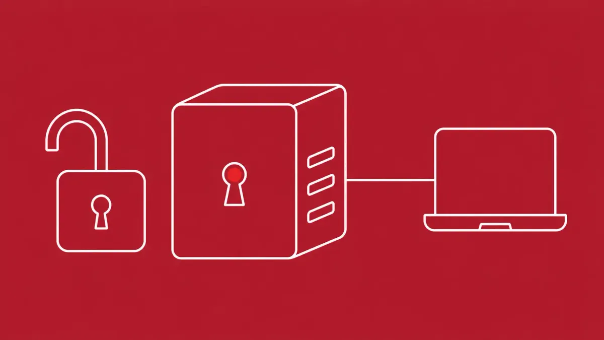 Flat white line-art of a VPN gateway with an open keyhole and an unlocked padlock, on a Crimson background — Check Point VPN zero-day.