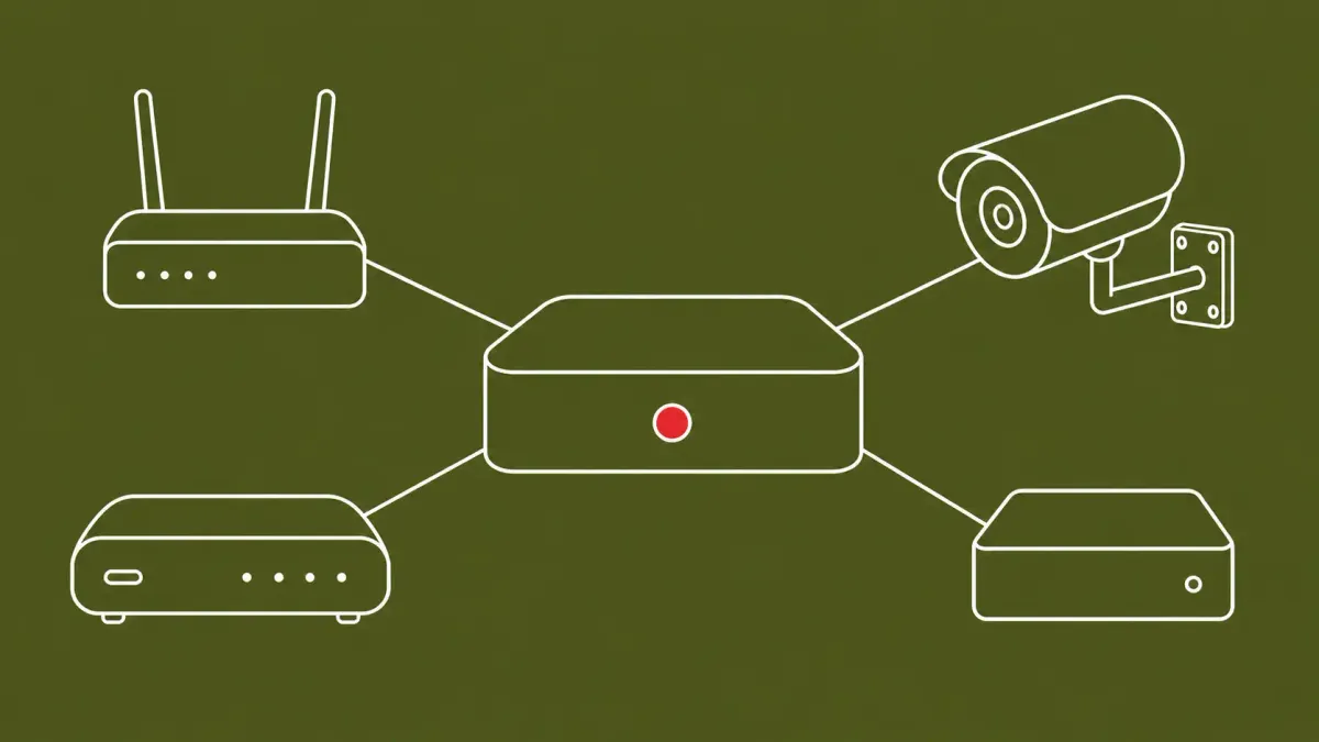 Flat white line-art of a central hub linked to scattered small devices, on an Olive background — China-linked JDY botnet disclosure.