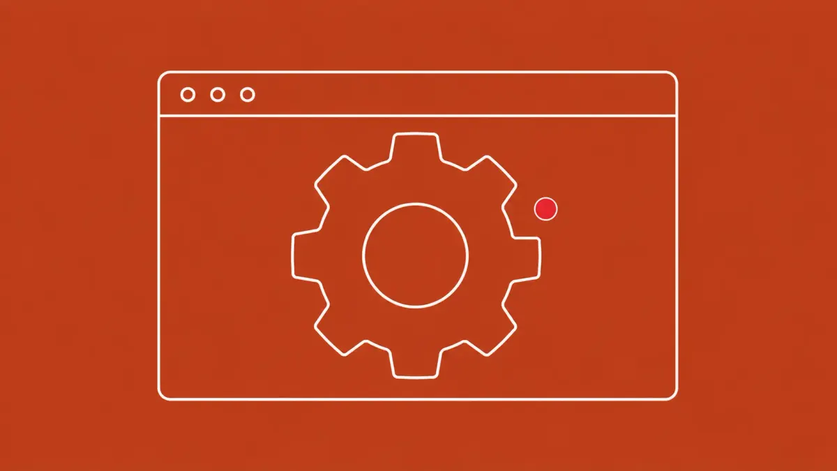 Flat white line-art of a browser window with a cracked engine gear, on a terracotta background — the Chrome V8 zero-day CVE-2026-11645.
