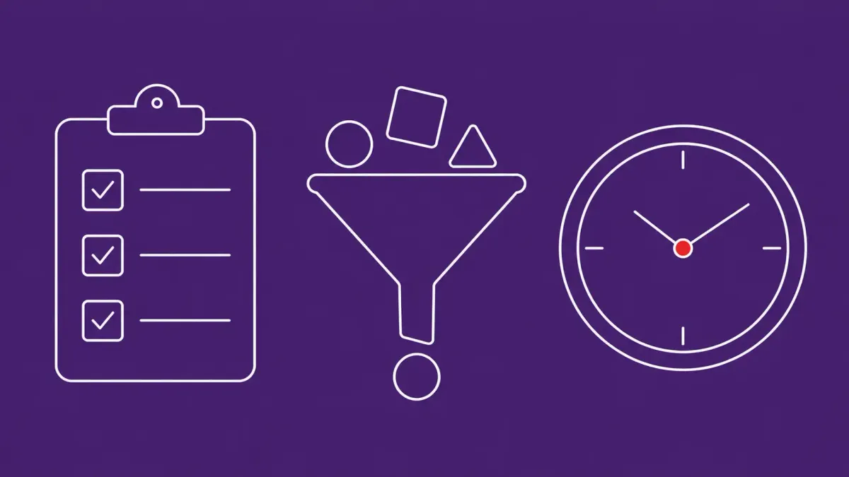 Flat white line-art of a clipboard checklist beside a sorting funnel and a clock, on a Royal Violet background — CISA BOD 26-04 risk-based patching implementation.