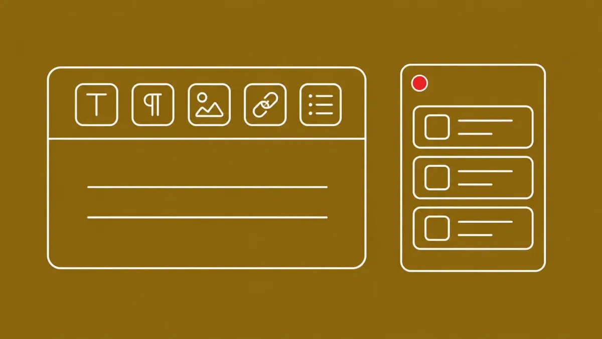 Flat white line-art of a content editor window beside a catalog list card, on an Antique Gold background — CISA Joomla JCE KEV addition.