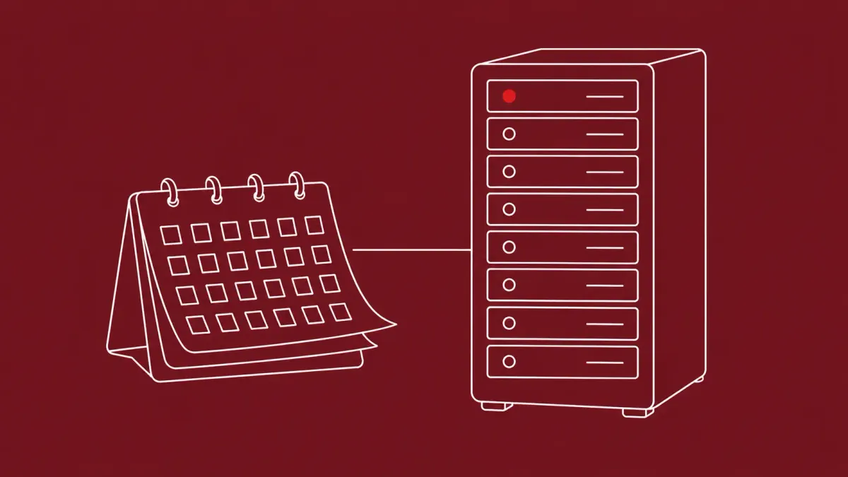 Line-art of an aging enterprise server rack with a calendar page flipped two years back beside it; one open network port carries a single flat red dot.