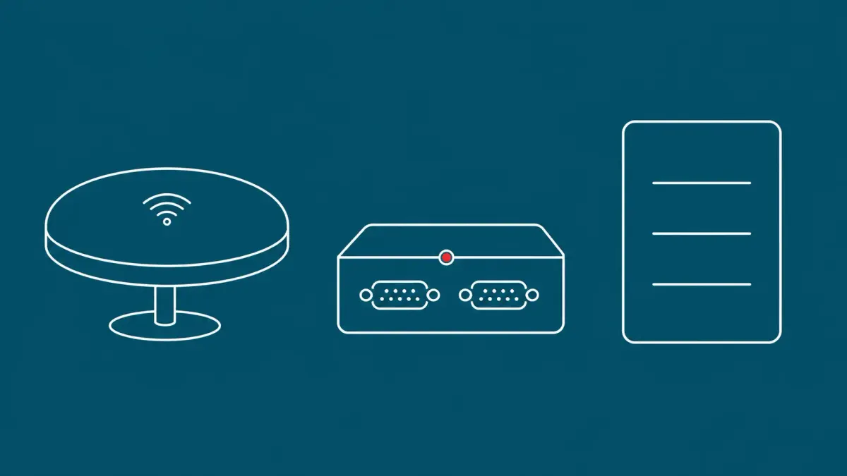 Flat white line-art of a wireless access-point dome, a small serial-device box, and a catalog list card, on a Peacock background — CISA KEV Ubiquiti and Lantronix additions.