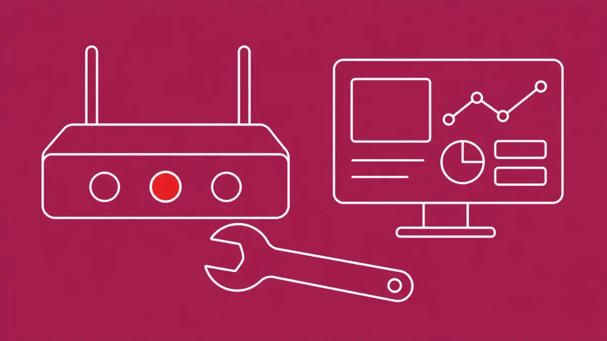 Flat white line-art of a network router beside a management console panel and a wrench, on a Raspberry background — Cisco Catalyst SD-WAN Manager advisory and patch.