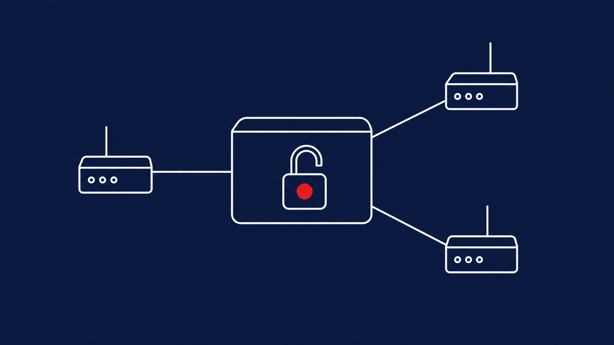 Flat white line-art of a central SD-WAN hub linked to three branch nodes with an open padlock, on a midnight-navy background — Cisco SD-WAN CVE-2026-20245.