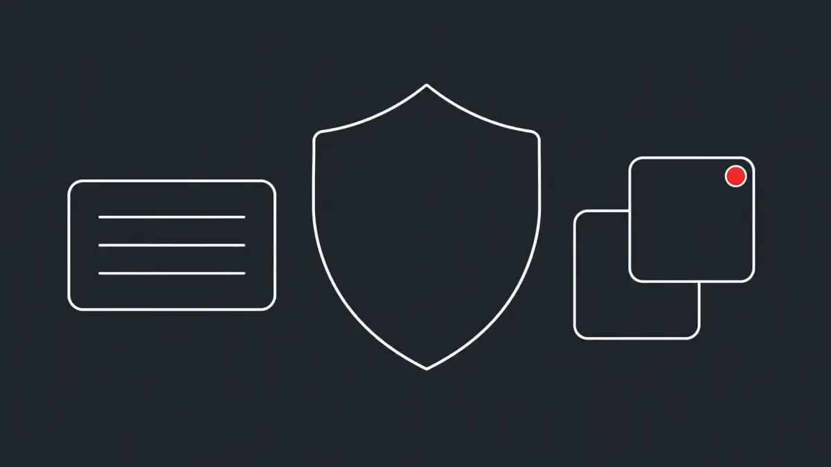 Flat white line-art of a shield with two overlapping patch tiles beside a console panel, on a Charcoal background — Cisco additional SD-WAN Manager patch.