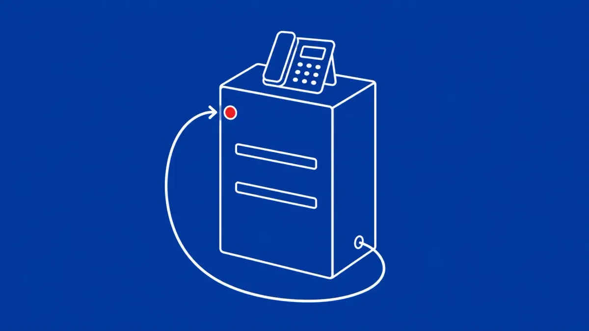 Flat white line-art of a rack-mounted call server with a curved arrow looping back into its own port, on a cobalt background — Cisco Unified CM CVE-2026-20230.