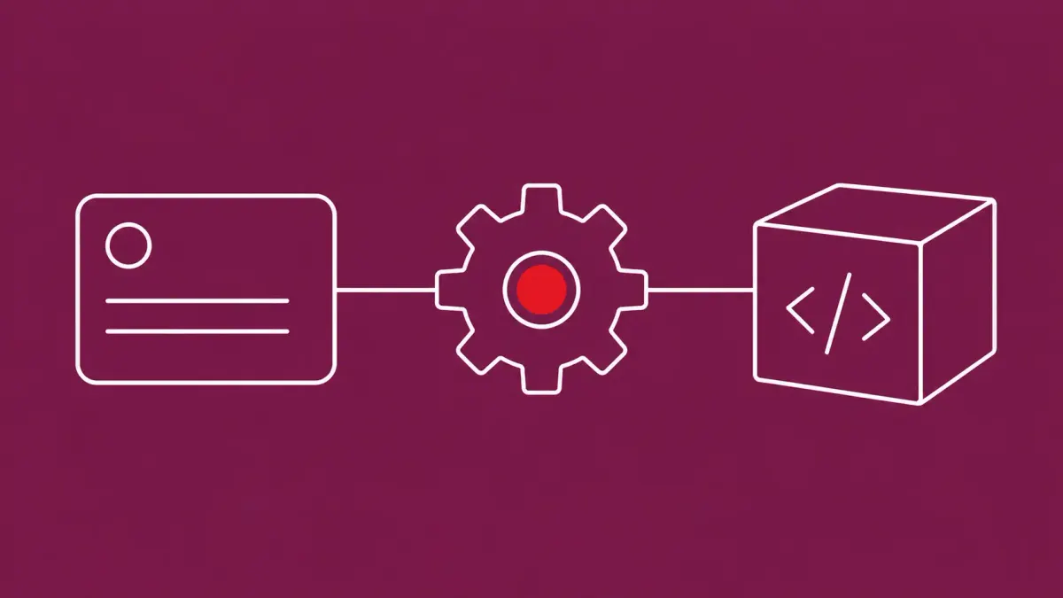 Flat white line-art of an issue ticket feeding a gear workflow linked to a code repository, on a mulberry background — untrusted-input CI/CD action flaw.