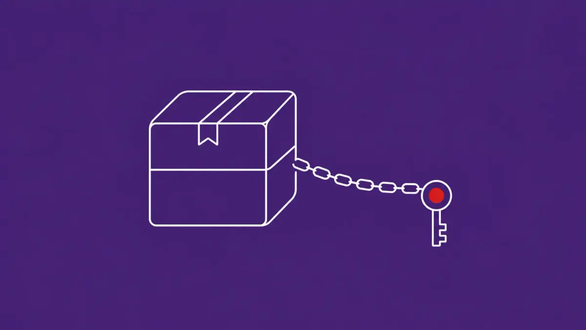 Line-art generic package-box icon with a small key icon hanging off it by a thin chain; the key carries a red dot.
