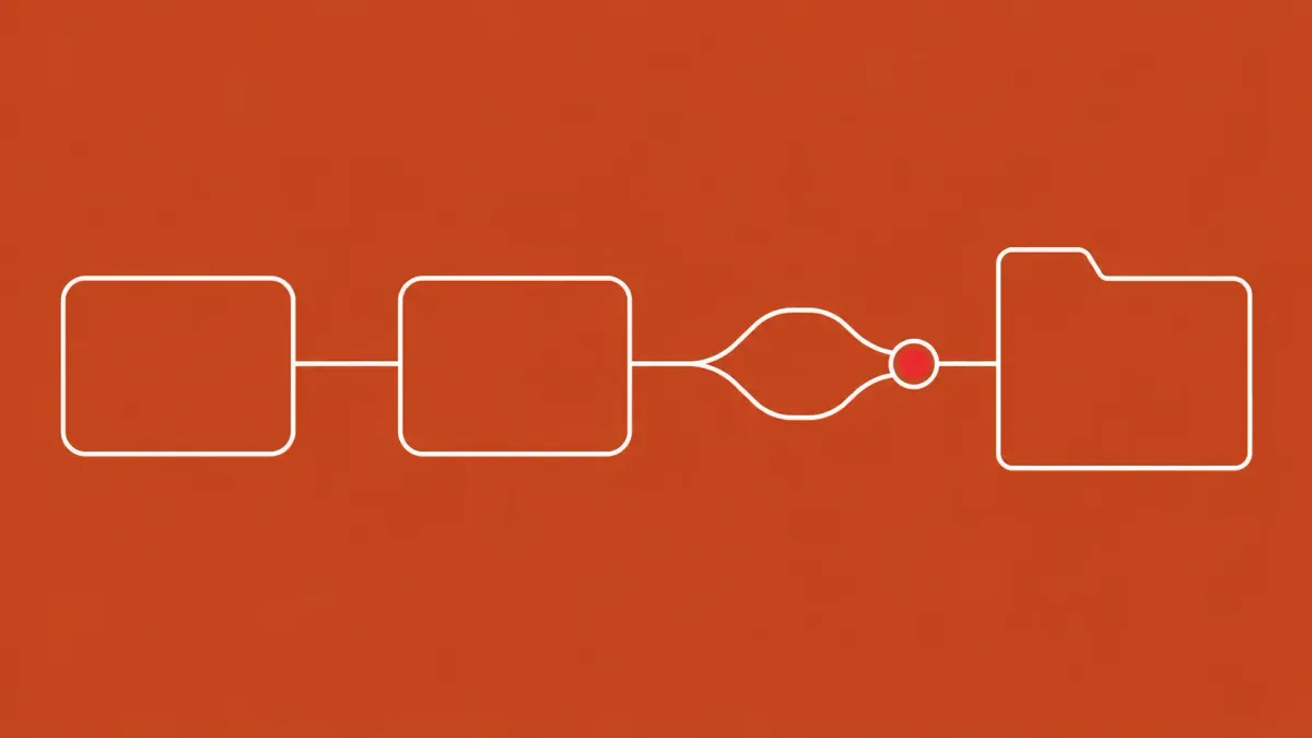 Flat white line-art of a three-node build pipeline with a branch-and-merge fork feeding a repository box, on a Terracotta background — Cordyceps CI/CD GitHub repository disclosure.