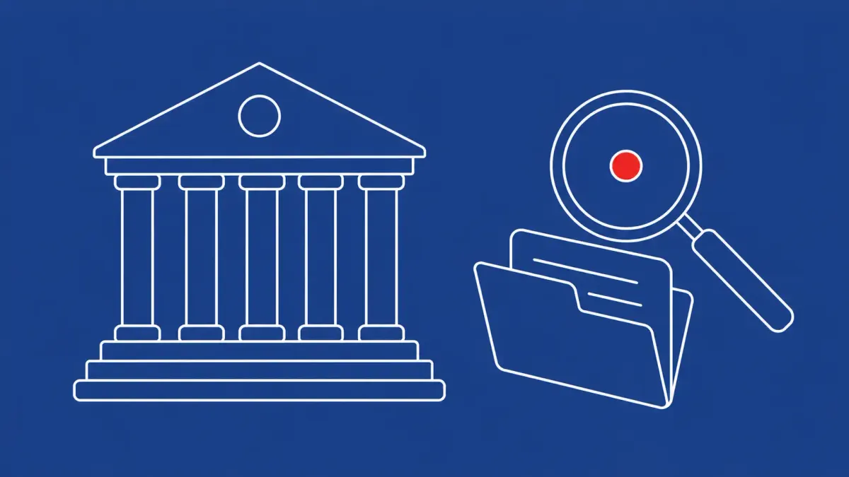 Flat white line-art of a classical institutional building beside a magnifying glass and a document folder, on a Cobalt background — Council of Europe breach investigation.