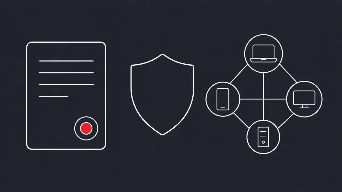 Flat white line-art of a warrant document beside a small mesh of device nodes and a neutral shield — Canada first-of-its-kind botnet-cleanup warrant.