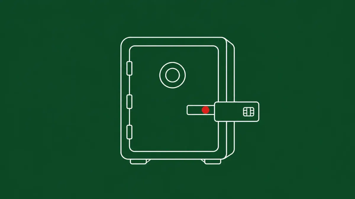 Line-art vault with a key-card icon being inserted into a slot on its front; a single flat red dot marks the card slot.