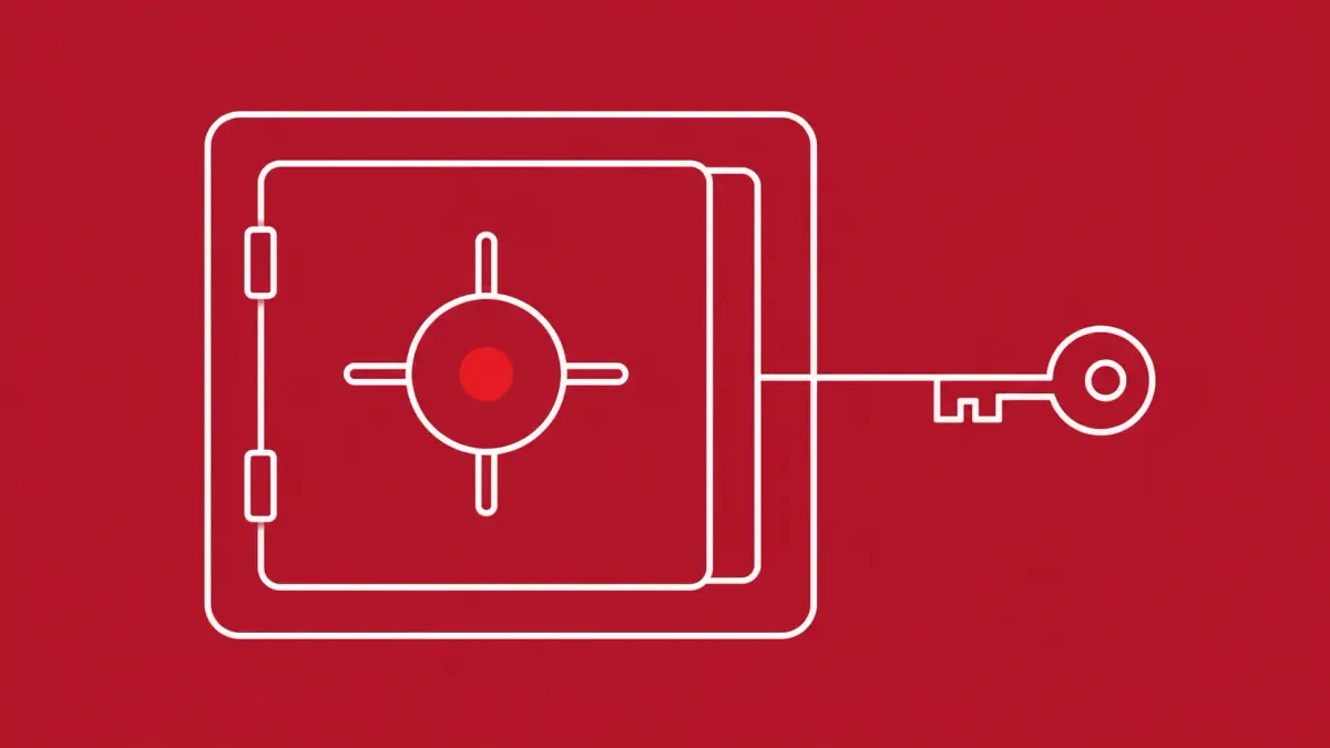 Line-art of a vault door ajar with a small key icon being carried out on a thin line; the vault's combination dial shows a single flat red dot.