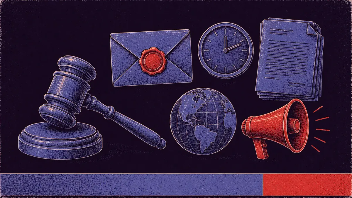Editorial science-poster illustration of breach notification law symbols — a gavel, a sealed envelope, a clock, legal documents, a globe, and a megaphone.