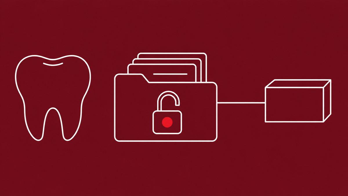 Flat white line-art of a tooth icon beside a stack of records folders with an open padlock, on an oxblood background — DentaQuest 2.6 million-account breach.