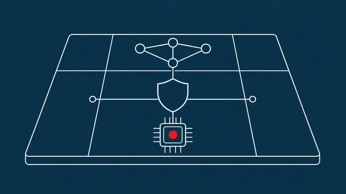 Line-art of a planning table joining a cyber-network node, a shield and a small AI chip into one operations map; the chip carries a flat red dot.