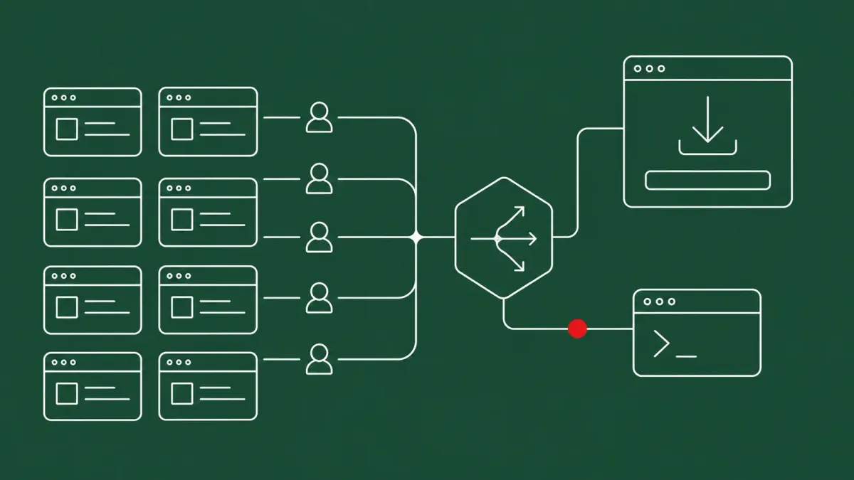 Line-art of website tiles funneling visitor figures through a central routing hub into two malware lures; one routed path carries a single flat red dot.