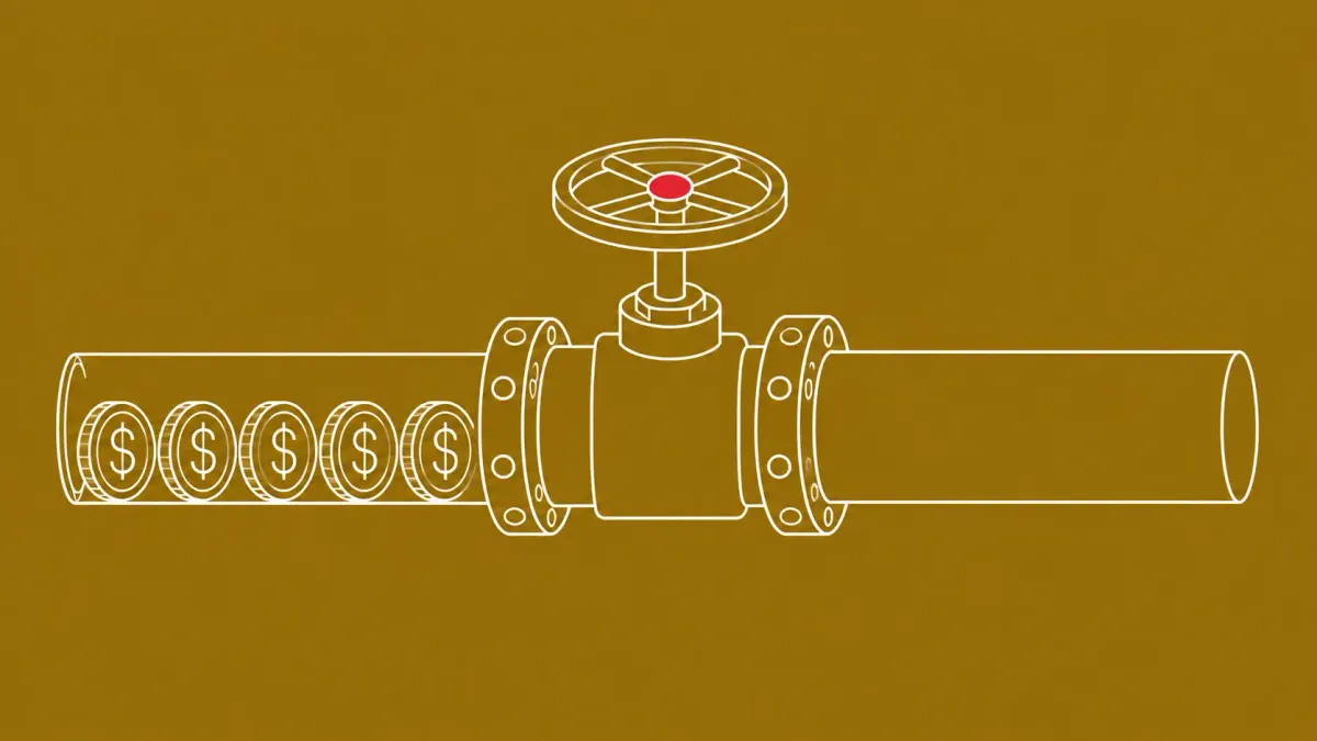 Flat white line-art of a large pipe valve being shut off mid-flow, on an Antique Gold background — Europol AudiA6 takedown.