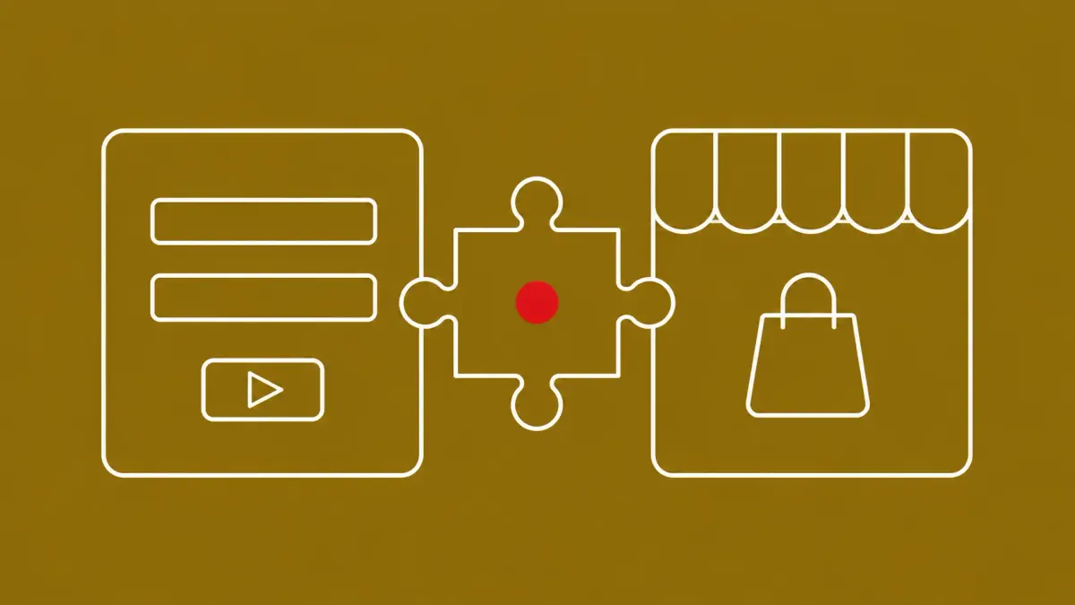 Flat white line-art of a CMS form panel and a storefront tile sharing one puzzle-piece module, on an antique-gold background — WordPress and Magento plugin RCE.
