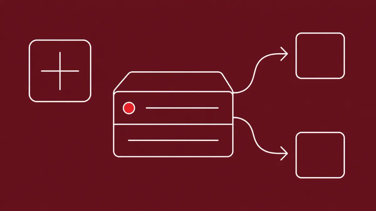 Flat white line-art of a proxy server stack with two routing arrows and a patch tile, on an Oxblood background — F5 NGINX Open Source critical patches.