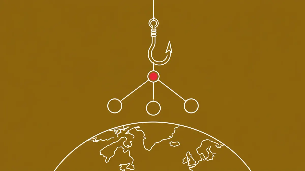 Flat white line-art of a fishing hook lifting a network of linked nodes off a globe, on an Antique Gold background — FBI Outsider takedown.