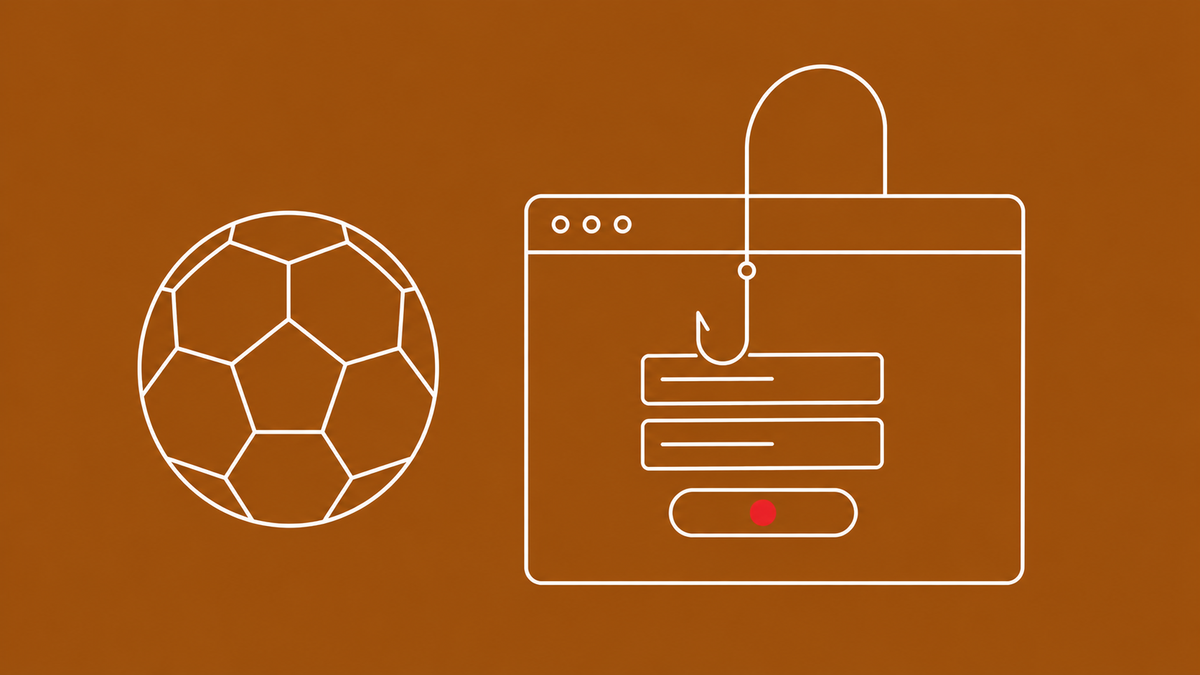 Flat white line-art of a soccer ball beside a lookalike browser window with a fishing hook through it, on a burnt-amber background — FIFA World Cup 2026 scams.