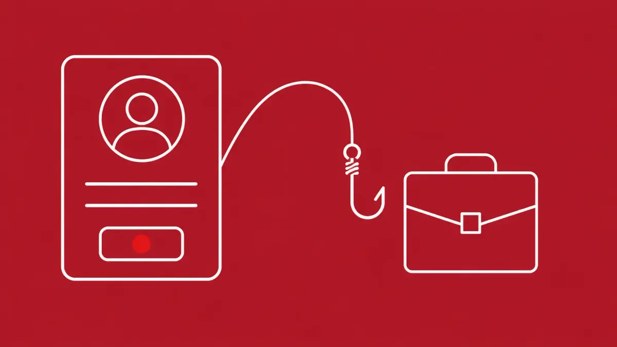 Flat white line-art of a profile card with a connect button and a fishing hook toward a briefcase, on a crimson background — insider recruitment.