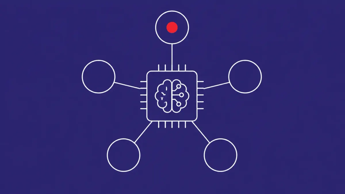 Flat white line-art of five linked nodes in a ring around a central AI chip, on an Indigo background — Five Eyes frontier AI cybersecurity statement.