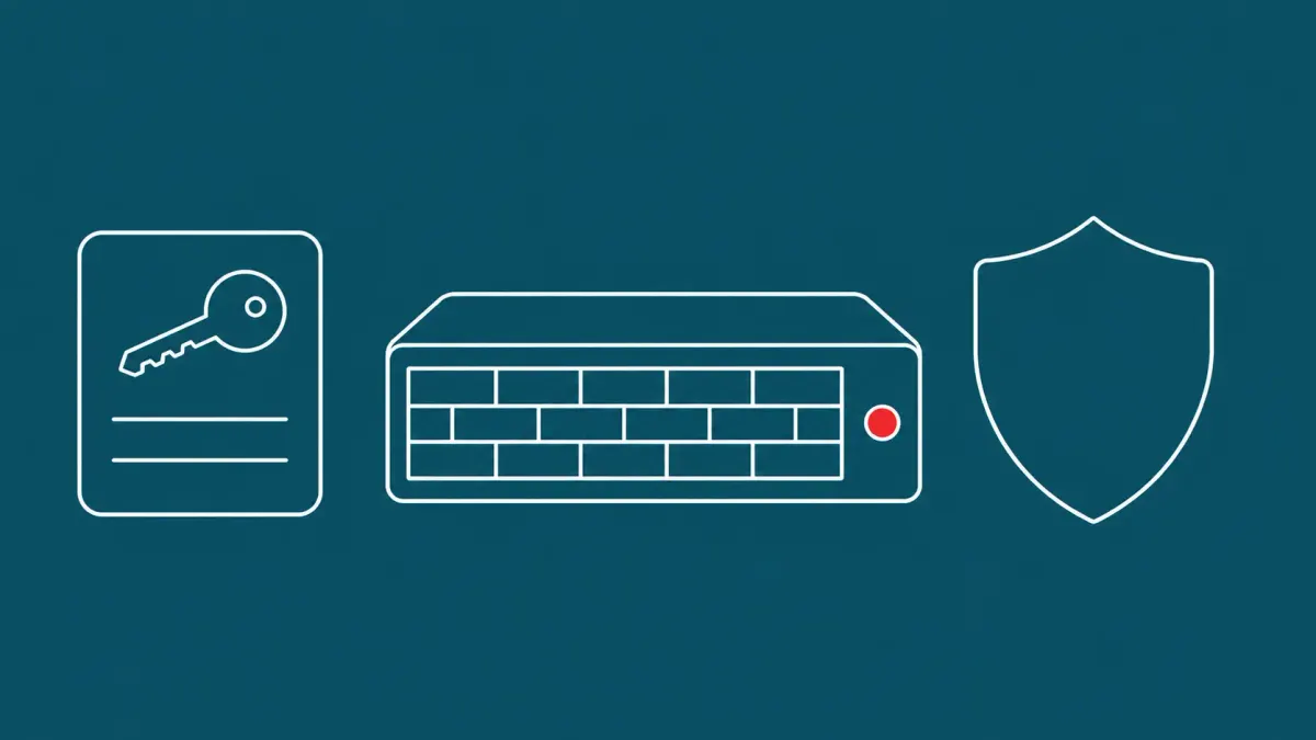 Flat white line-art of a firewall appliance, a credential card and a shield, on a Peacock background — FortiBleed Fortinet credential-harvesting disclosure.