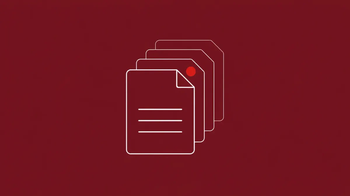 Line-art generic document with thin faint lines extending behind it like hidden layers; one of the hidden layers carries a single flat red dot.
