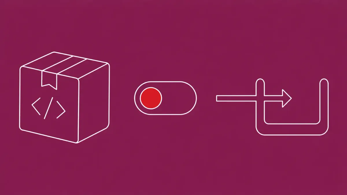 Flat white line-art of a package box with a toggle switch flipped off above an install pipeline, on a Mulberry background — npm 12 install-script default change.