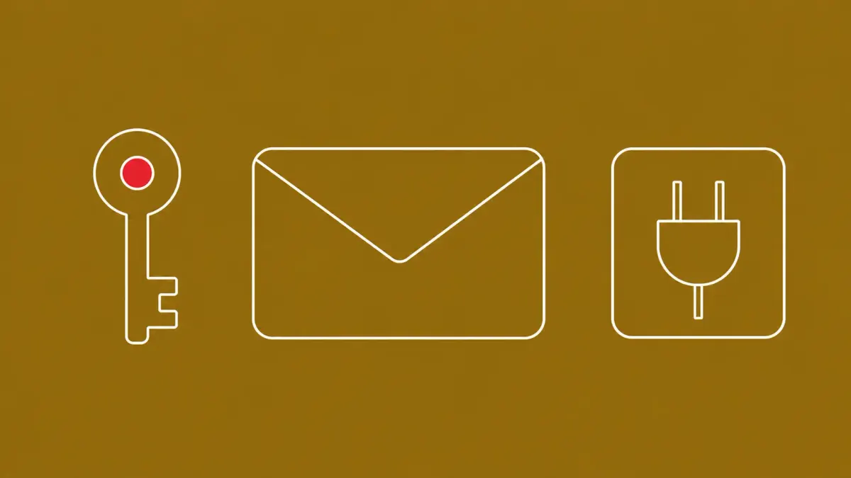 Flat white line-art of an envelope, a key, and a plugin tile — Gravity SMTP WordPress plugin API-key exposure.
