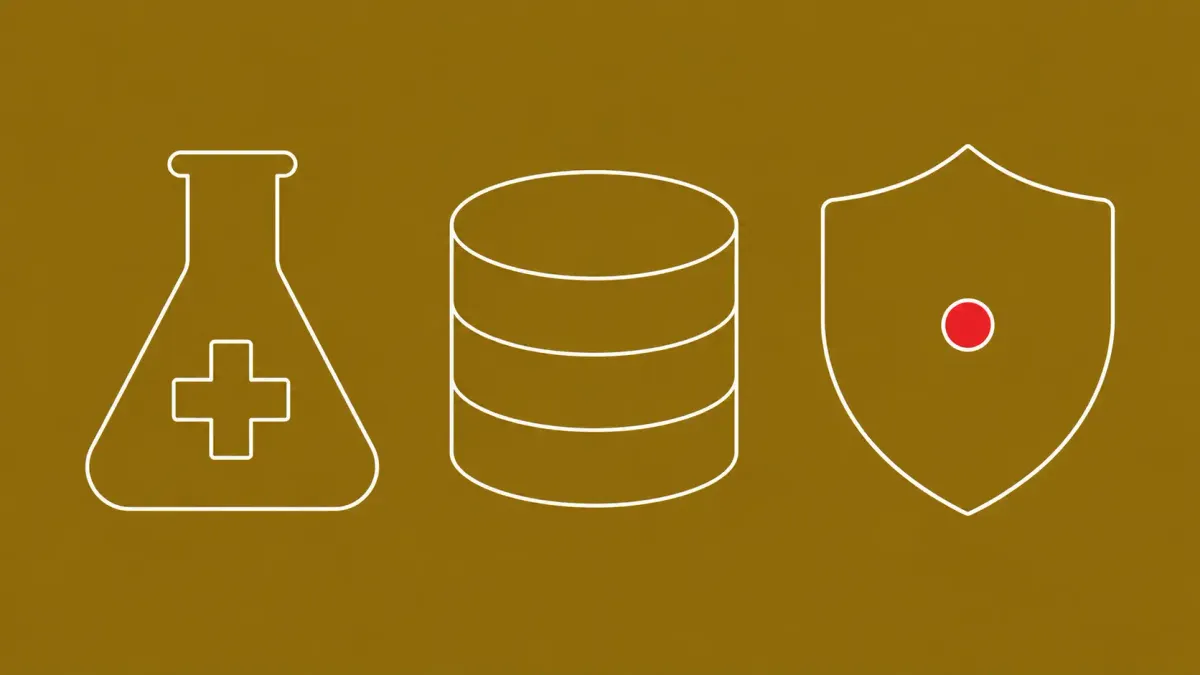 Flat white line-art of a medical research flask, a server database, and a shield, on a Antique Gold background — GTIG China-nexus research-sector advisory.