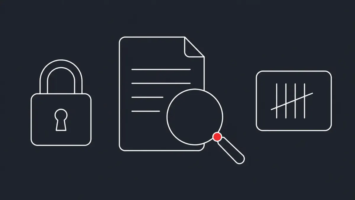 Flat white line-art of a large magnifier over a document beside a simple lock and a tally counter card, on a Charcoal background — INC ransomware-as-a-service research disclosure.