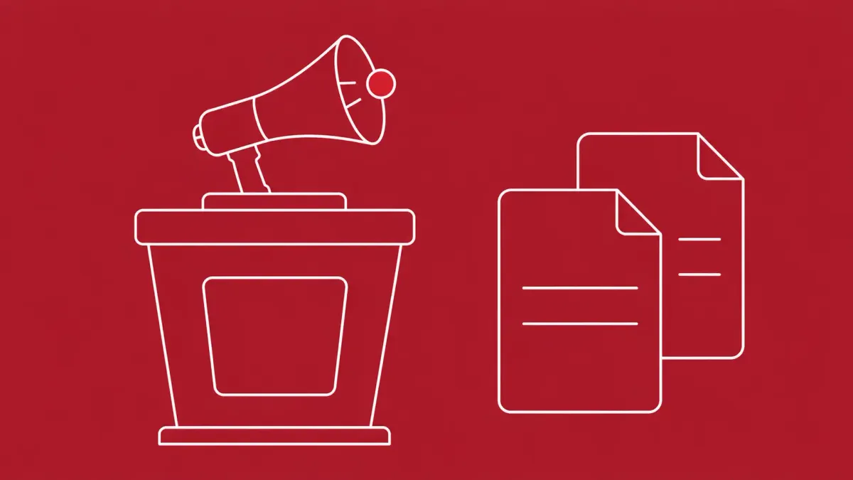 Flat white line-art of a speaker's podium with a megaphone beside two document forms, on a Crimson background — industry reactions to the US action on Anthropic's models.