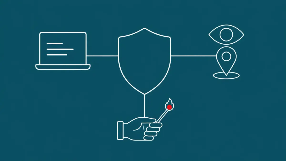 Line-art of one central brand emblem branching to a hacking screen, a surveillance eye and a struck match; one branch carries a single flat red dot.