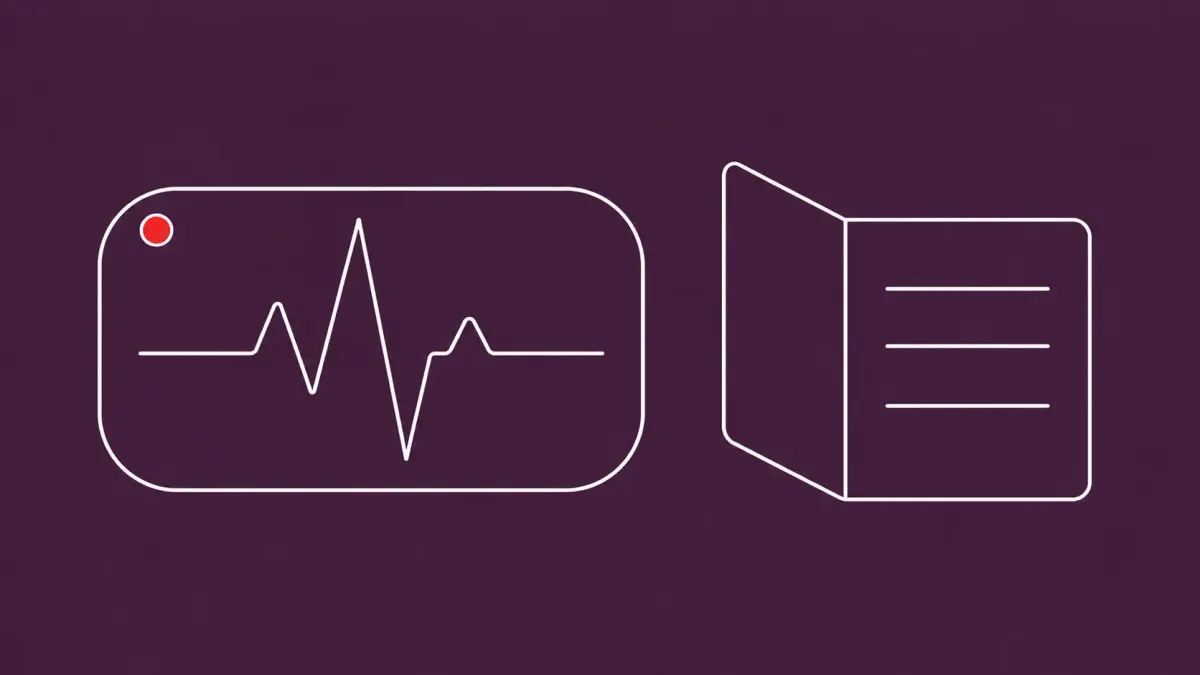 Flat white line-art of a large heart-monitor patch outline beside an open record card, on a Aubergine background — iRhythm patient-records data breach disclosure.