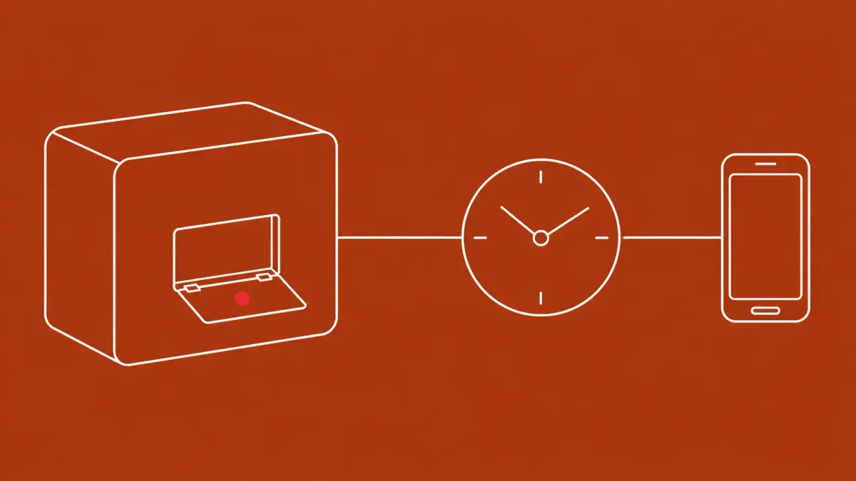 Flat white line-art of a mobile gateway box with an open hatch and a clock face, on a Brick Rust background — Ivanti Sentry critical flaws.