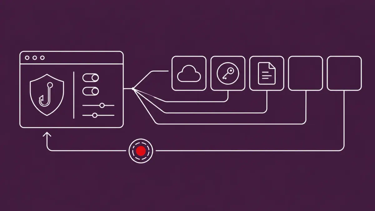 Line-art of a phishing-kit control panel wired to a row of cloud and identity-service icons; a captured OAuth-token tile carries a single flat red dot.