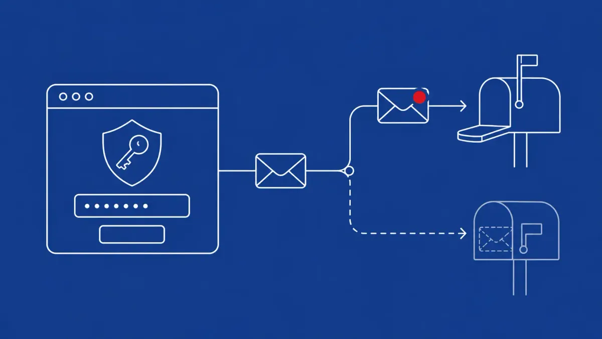 Line-art of an admin-login shield unlocked by a password-reset envelope redirected to a second mailbox; the envelope carries a single flat red dot.