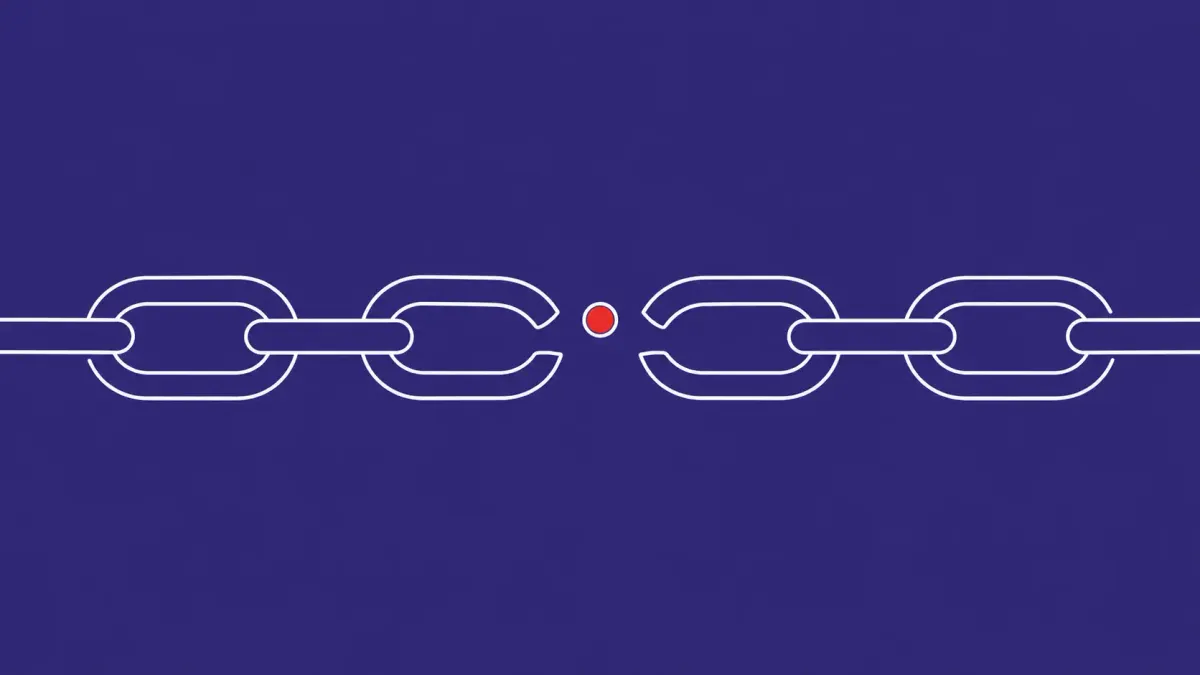 Flat white line-art of a long kernel pipeline with one broken link in a chain, on an indigo background — the nf_tables one-character flaw CVE-2026-23111.