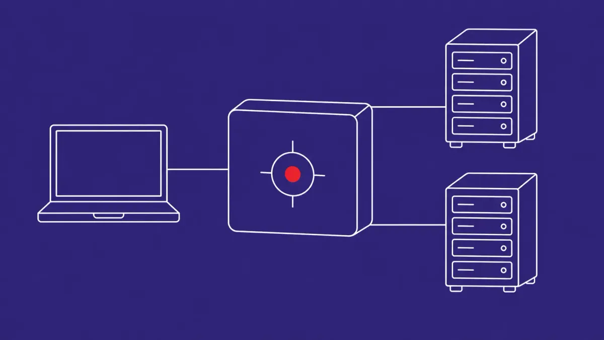 Flat white line-art of a proxy gateway routing requests between an application and stacked model servers, on an Indigo background — LiteLLM patch.